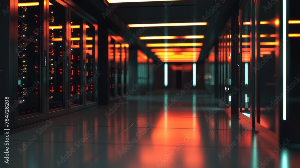 Poster data center with rows of servers. computer works. .