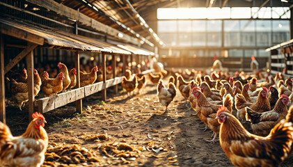A large group of chickens are inside a barn. Generative AI - obrazy, fototapety, plakaty
