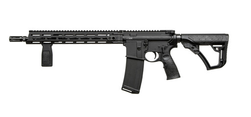 A modern automatic carbine without sights and with an additional handle. Isolate on a white back - obrazy, fototapety, plakaty