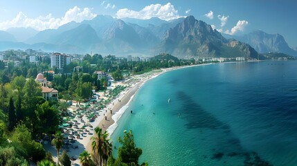 Naklejka premium Antalya's Serene Coastline: Mountains Meet Sea. Concept Travel Photography, Mountain Views, Coastal Landscape, Natural Beauty, Mediterranean Scenery