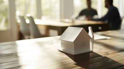 House model is displayed on wooden meeting table with in the blurred background of real estate agent and client 