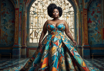 A confident and beautiful African American woman poses elegantly in a vibrant multi-colored strapless gown against an ornate arched doorway backdrop.