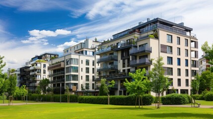 Modern residential buildings in the public green area. Apartment houses in Europe 