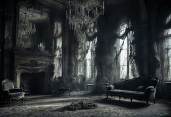 A dark, eerie interior of an abandoned mansion with tattered curtains, dusty antique furniture, and cracked walls conveys a sense of decay and haunting atmosphere. - obrazy, fototapety, plakaty