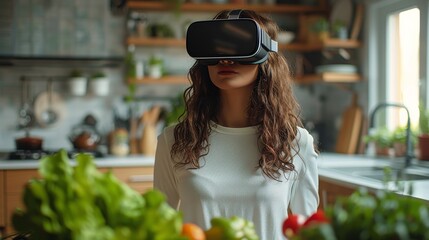 Woman Wearing Virtual Headset in Kitchen