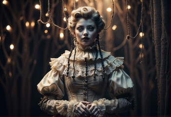 A woman in elaborate renaissance-style clothing with hair styled like doll poses amid dim lighting and hanging bulbs, evoking a theatrical or fantasy setting. - obrazy, fototapety, plakaty