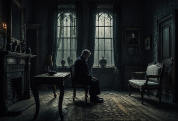 A somber scene depicting a lone, elderly figure sitting in a dimly lit, dusty manor room filled with antique furniture and large arched windows.
