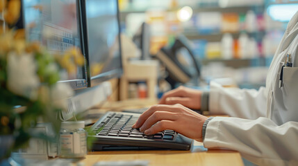 The hands of a doctor in a white coat typing on a keyboard. Filling in a medical record electronically