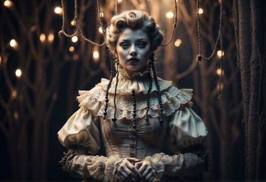 A woman in elaborate renaissance-style clothing with hair styled like doll poses amid dim lighting and hanging bulbs, evoking a theatrical or fantasy setting.