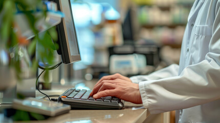 The hands of a doctor in a white coat typing on a keyboard. Filling in a medical record electronically