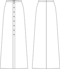 buttoned long maxi midi ankle length a-line skirt template technical drawing flat sketch cad mockup fashion woman design style model
