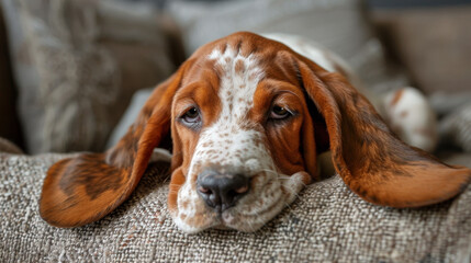 A purebred basset hound dog resting his chin on the arm of a couch. - obrazy, fototapety, plakaty