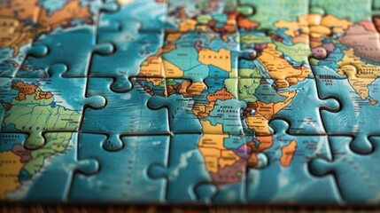 Globe map made from jigsaw puzzle for business strategy and solution concept. AI generated image - obrazy, fototapety, plakaty