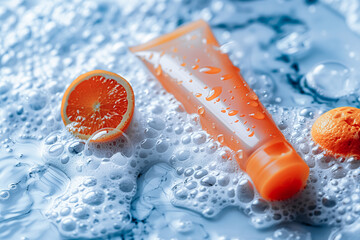 Orange citrus shower gel bottle mockup on soapy clean background with bubbles. Copy space