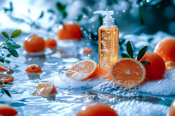 Citrus shower gel bottle mockup on soapy clean background with bubbles. Copy space