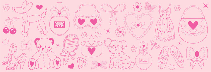 Pink girly coquette y2k aesthetic set, elegant vintage accessory. Lovely cute collection, red cherrie, pink ribbon, bow, balloon dog. Vector illustration