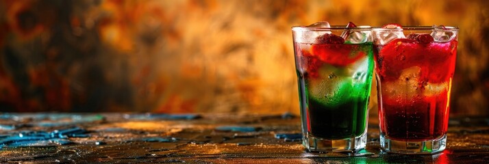 horizontal banner, Republic Day in Italy, alcoholic cocktails with ice, berry lemonade, colors of the flag of Italy, dark background, copy space, free space for text