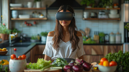 Woman Wearing Virtual Headset in Kitchen