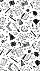 Cartoon background with mathematical pattern for children in black and white color. Cute background of mathematical symbols.