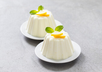 Vegan Lemon cream pudding, Panna Cotta on a plate. Light grey background. Close-up