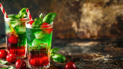 horizontal banner, Republic Day in Italy, alcoholic cocktails with ice, cherry lemonade with mint, colors of the flag of Italy, dark background, copy space, free space for text