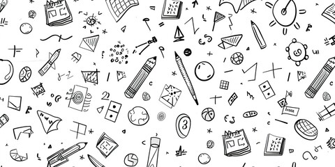 Cartoon background with mathematical pattern for children in black and white color. Cute background of mathematical symbols.
