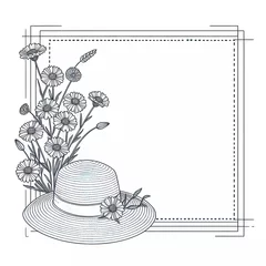 Fotobehang Minimalist Frame Border Design, Straw Hat with Cornflowers and Daisies, Line Drawing with Dashed Border © Nei Mar