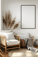 Living room wall poster mockup. Frame mockup. Interior mockup with house background.  3d render. Modern interior design. 