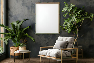 Living room wall poster mockup. Frame mockup. Interior mockup with house background.  3d render. Modern interior design. 