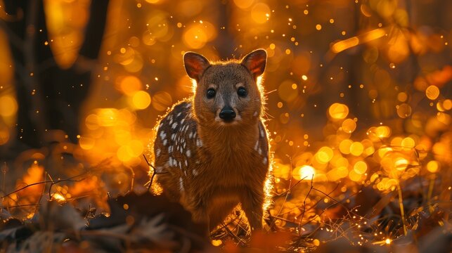  A Quoll emerges from the shadows into a clearing, bathed in the soft, golden light of dawn filtering through the trees-54