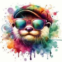 Cartoon Otter: Abstract Watercolor Painting with Colorful Details and Sunglasses, Perfect for T-shirt Prints or High-Quality Wall Art.