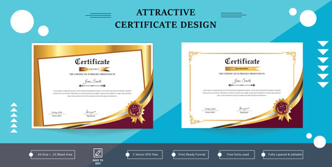 Clean and simple certificate template, golden and white certificate of achievement template with gold badge and border