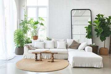 A cozy living room setup with a white couch and a mirror