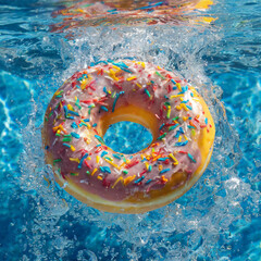 A pink donut inflatable circle falling in the pool. Under clear water. Summer and vacation concept.