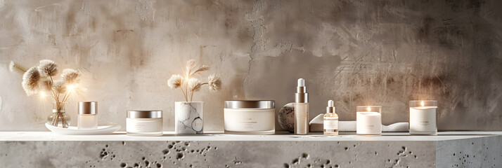 A Display of Luxurious Skincare Collection in Warm Aesthetic Environment