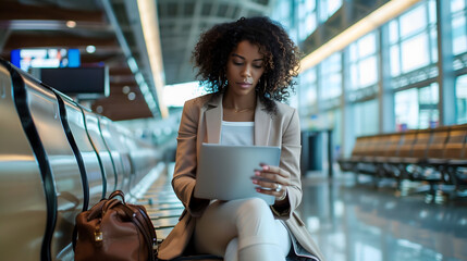 Black businesswoman using a tablet while sitting on a bench in an airport terminal. The woman with curly hair wearing a beige blazer