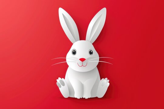 A cute white rabbit sitting on a vibrant red background