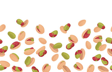 Falling pistachio nuts border. Cartoon pistachios pattern, salty popping nuts snack flat vector background illustration. Flying pistachio nuts on white