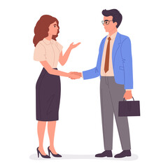 Office characters shaking hands. Business people handshake, man and woman agreement or greeting gesture, colleagues shaking hands flat vector illustration. Business handshake scene
