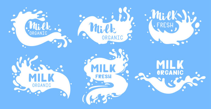 Milk product splash labels. Cartoon cow or goat milk with lettering, dairy milky splash logos, milk flow stamps with splashes flat vector illustration set. Milky splash elements