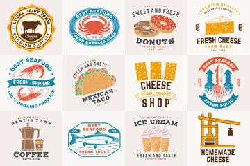 Set of cheese family farm, seafood and fast food retro badge. Vector. For seafood emblem, sign, patch, shirt, menu restaurants with cheese, tuna, trout, shrimp, octopus crab mussels and clams, hotdog