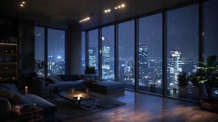 The apartment boasts modern décor, large windows, and an alluring night view of the city's twinkling lights - obrazy, fototapety, plakaty