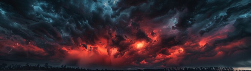 Ominous clouds forming unnatural patterns over deforested land, streaks of red in the sky, symbolizing weather anomalies - obrazy, fototapety, plakaty