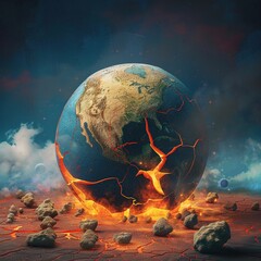 Visual metaphor of Earth cracking like a dry, barren egg, subtle hints of red heat emanating from the fissures, conveying global warming urgency
