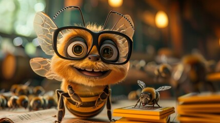 A whimsical 3D illustration of a cartoon bee with large glasses standing on an open newspaper. The image captures the bee's fuzzy texture and detailed wings in a sunlit setting. - obrazy, fototapety, plakaty