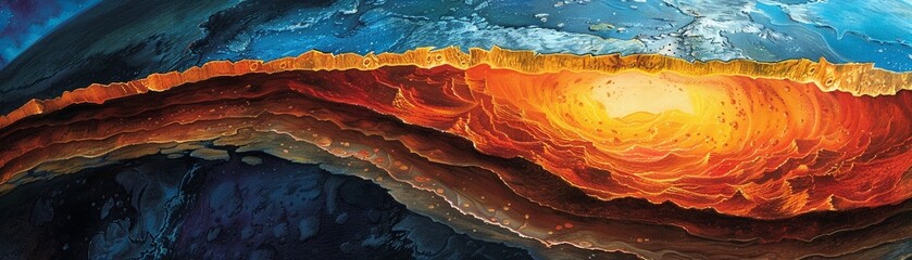 Earths crosssection showing molten core and fiery mantle meeting the crust, educational yet artistic, detailed geological layers