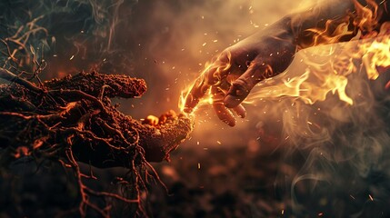 Hand of earth soil and roots and hand of fire flames and embers reaching towards each other, symbolic of creation and destruction