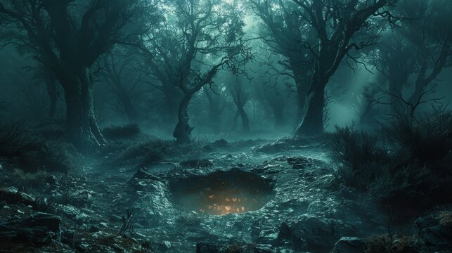 Eerie and atmospheric image of a misty forest at dawn, featuring a creepy copse of trees surrounding a mystically glowing pond with subtle beams of light piercing through the fog.
