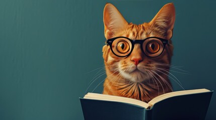 Artistic illustration of a smart orange cat wearing eyeglasses and deeply engaged in reading a book against a dark green background. - obrazy, fototapety, plakaty