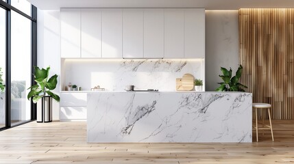 Bright, airy kitchen featuring a marble island and warm wooden textures in a minimalist setting